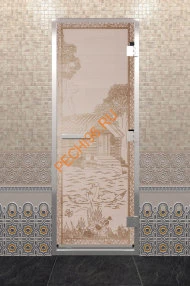 Дверь стеклянная DoorWood Хамам «Банька в лесу» сатин, 1900х700 мм