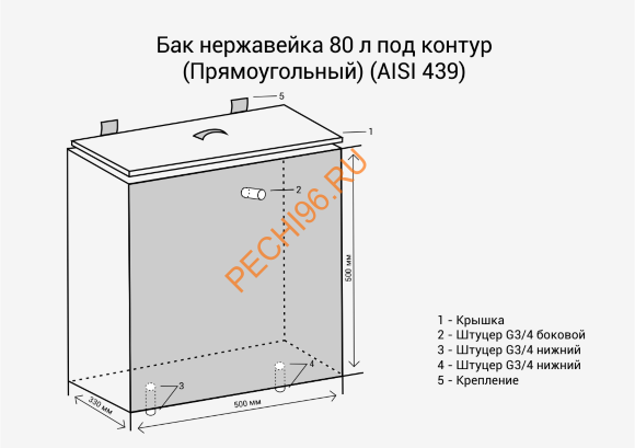 Бак Везувий 80л нержавейка (AISI 439) прямоугольный под контур