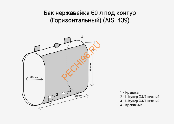 Бак Везувий 60л нержавейка (AISI 439) овальный Горизонталь под контур