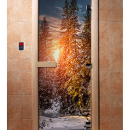Дверь стеклянная DoorWood с фотопечатью «Закат в лесу»