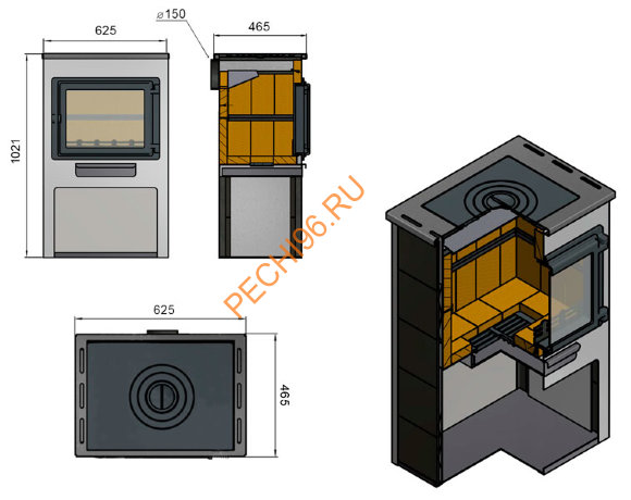 Печь-Камин Этна Панорама с плитой Антрацит Печь-Камин Этна Панорама с плитой Антрацит