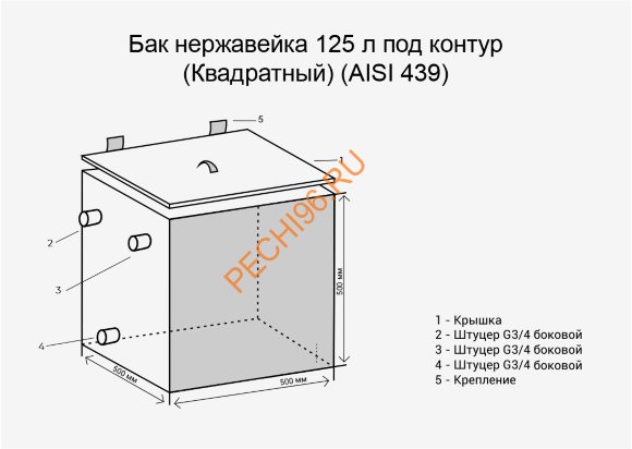 Бак Везувий 125л нержавейка (AISI 439) квадратный с ТЭНом