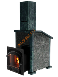 Печь банная чугунная Сибирь 25 (545х545), ТК 300мм, ЗК, в облицовке Президент пироксенит+змеевик