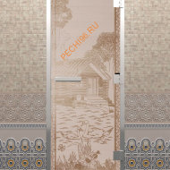 Дверь стеклянная DoorWood Хамам «Банька в лесу» сатин, 2000х800 мм