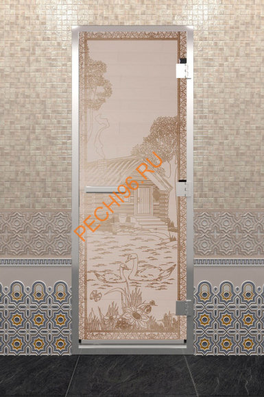 Дверь стеклянная DoorWood Хамам «Банька в лесу» сатин, 1900х700 мм