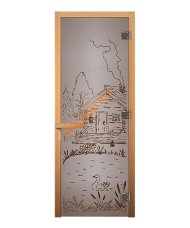 Дверь стеклянная «сатин матовая Банька» коробка 1900х700 мм, осина