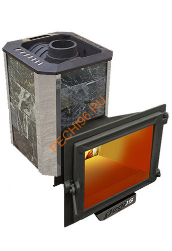 Чугунная банная печь Пегас 16 NEXT Панорама в камне змеевик Чугунная банная печь Пегас 16 NEXT Панорама в камне змеевик