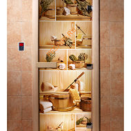 Дверь стеклянная DoorWood с фотопечатью «Банные аксессуары»