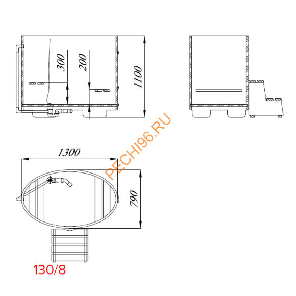Купель для бани Blumenberg TBK 130х79 Premium H110 овальная из камбалы (чертеж 130/8)