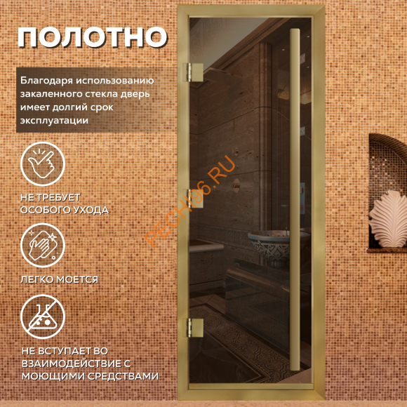 Дверь в хамам стеклянная Арта Премьер 60G Бронза, коробка золото алюминий с порогом
