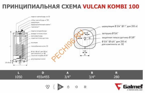 Бойлер косвенного нагрева Galmet Vulkan Combi 100 л напольный