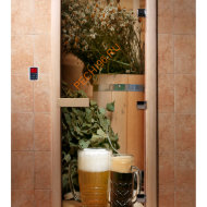 Дверь стеклянная DoorWood с фотопечатью «С легким паром!»