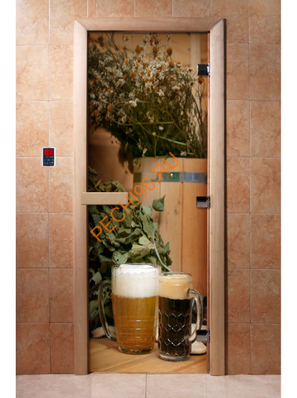 Дверь стеклянная DoorWood с фотопечатью «С легким паром!»