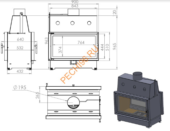 Каминная топка ECHA-TECH ECT Double 90x51/V 15 кВт, туннель, футеровка вермикулит Каминная топка ECHA-TECH ECT Double 90x51/V 15 кВт, туннель, футеровка вермикулит