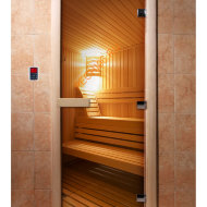 Дверь стеклянная DoorWood с фотопечатью «Сауна Люкс»