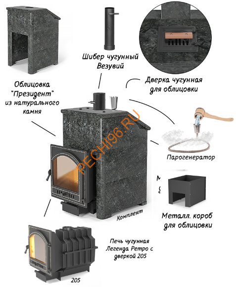 Печь банная Везувий Легенда Ретро 205 в облицовке Талькохлорит Печь банная Везувий Легенда Ретро 205 в облицовке Талькохлорит