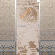 Дверь стеклянная DoorWood Хамам «Лебединое озеро» сатин, 1900х700 мм