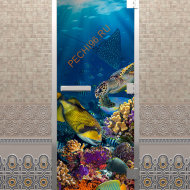 Дверь стеклянная DoorWood Хамам с фотопечатью «Голубая лагуна», 1900х700 мм