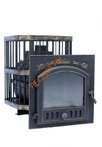 Печь банная чугунная Сибирь 24, каминная дверца со стеклом 545Х545, кованная сетка