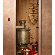 Дверь стеклянная DoorWood с фотопечатью «После баньки»